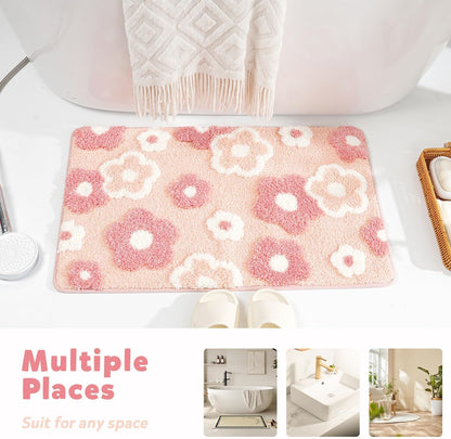 Cute Flowers Bathroom Rug Non Slip and Super Absorbent Bath Mat Machine Washable Bath Carpet Soft Microfiber Rug for Dining Room, Kitchen and Living Room (Pink Flowers, 23"x16")