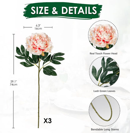 3PCS Fake Peonies Flowers 30'' Long Stem Silk Flowers Real Touch Artificial Flowers Shabby Chic Decoration for Home Office Vase Centerpiece Wedding Party(Light Pink)