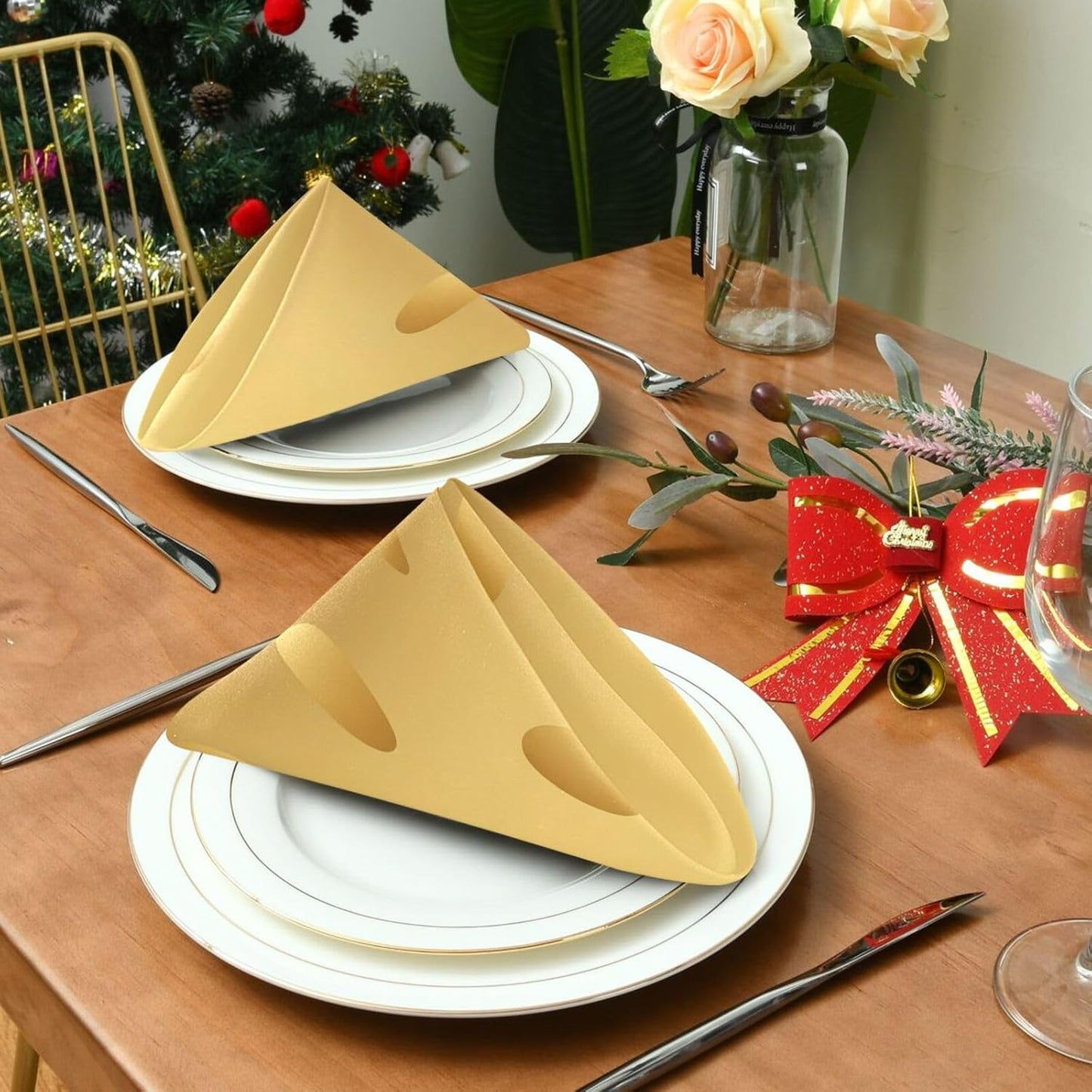 Shiny Gold Texture 20x20 Inch Cloth Napkins Set of 6, Satin Peach Skin Polyester Dinner Napkins, Washable Reusable Table Napkins with Hemmed Edges for Wedding Party Restaurant Everyday Use