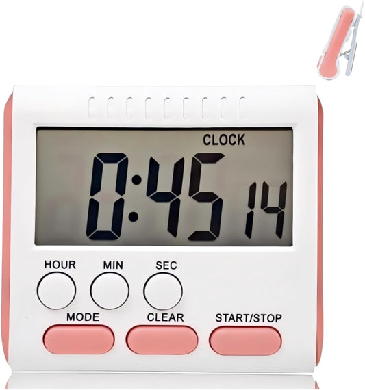 24 Hour Digital Timer Magnetic Kitchen Timer with Clip Large Screen Alarm Clock Refrigerator Magnet for Small Cooking Hour Timers and Home Use Perfect for Fridge and Stove (Pink)
