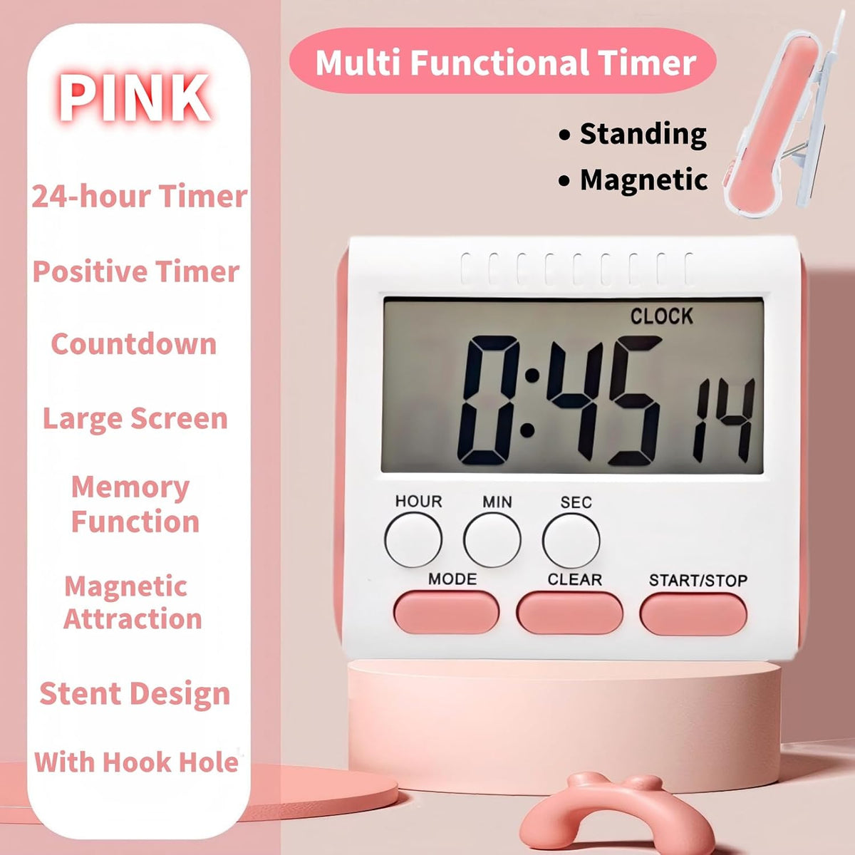 24 Hour Digital Timer Magnetic Kitchen Timer with Clip Large Screen Alarm Clock Refrigerator Magnet for Small Cooking Hour Timers and Home Use Perfect for Fridge and Stove (Pink)