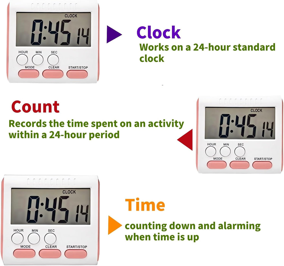 24 Hour Digital Timer Magnetic Kitchen Timer with Clip Large Screen Alarm Clock Refrigerator Magnet for Small Cooking Hour Timers and Home Use Perfect for Fridge and Stove (Pink)