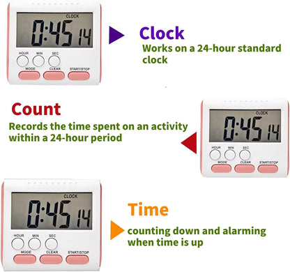24 Hour Digital Timer Magnetic Kitchen Timer with Clip Large Screen Alarm Clock Refrigerator Magnet for Small Cooking Hour Timers and Home Use Perfect for Fridge and Stove (Pink)
