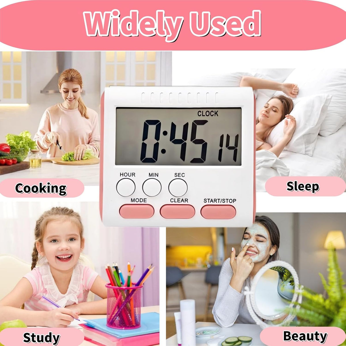 24 Hour Digital Timer Magnetic Kitchen Timer with Clip Large Screen Alarm Clock Refrigerator Magnet for Small Cooking Hour Timers and Home Use Perfect for Fridge and Stove (Pink)