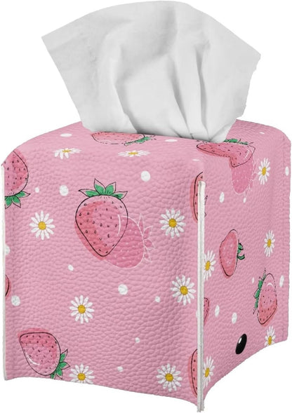 Peach Car Tissue Box Holder PU Leather Decorative Organizer Car Tissue Box Holder 5.1"X5.1"X5.5" Ideal for Bathrooms/Office/Car/Nightstand/Outdoor Tent/Dining Table