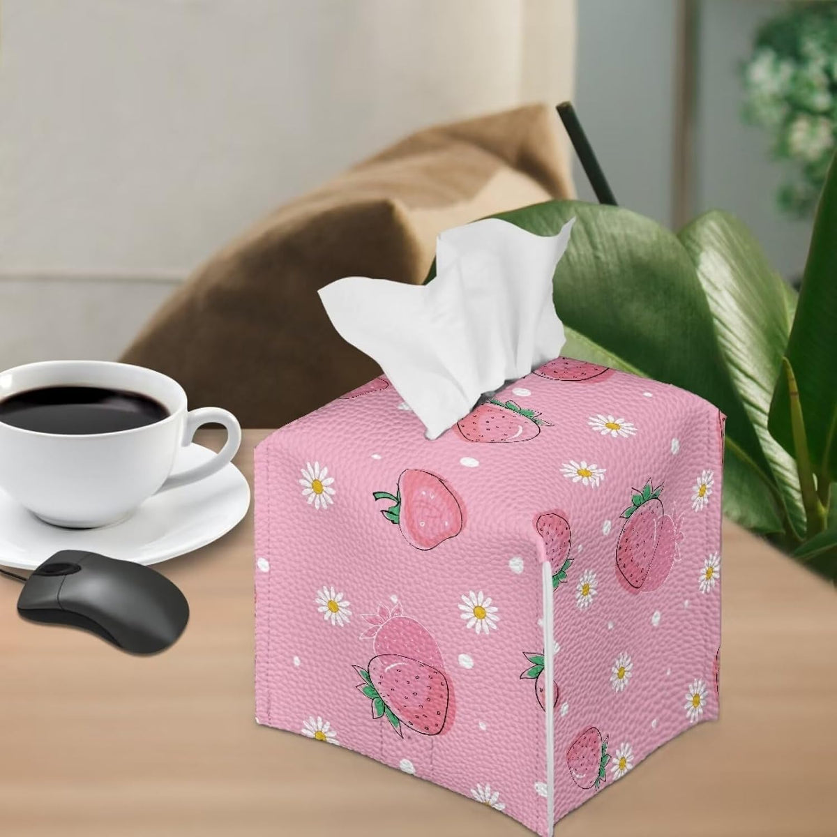 Peach Car Tissue Box Holder PU Leather Decorative Organizer Car Tissue Box Holder 5.1"X5.1"X5.5" Ideal for Bathrooms/Office/Car/Nightstand/Outdoor Tent/Dining Table