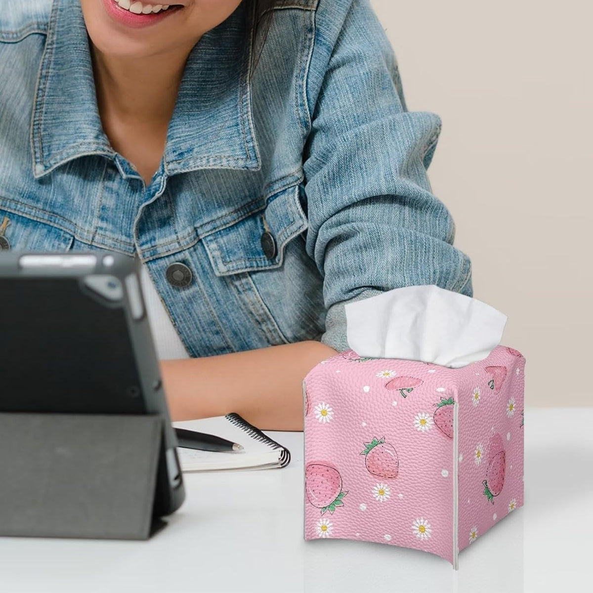 Peach Car Tissue Box Holder PU Leather Decorative Organizer Car Tissue Box Holder 5.1"X5.1"X5.5" Ideal for Bathrooms/Office/Car/Nightstand/Outdoor Tent/Dining Table