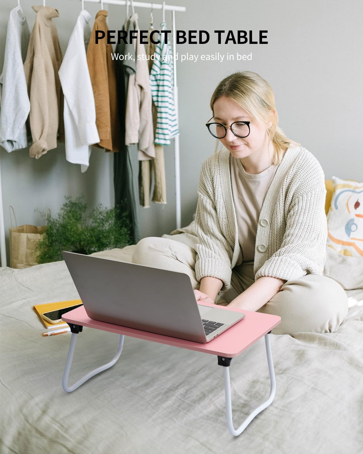 Foldable Lap Desk Laptop Stand Bed Desk Table Tray, Breakfast Serving Tray, Portable & Lightweight Mini Table, Lap Tablet Desk for Sofa Couch Floor - Pink