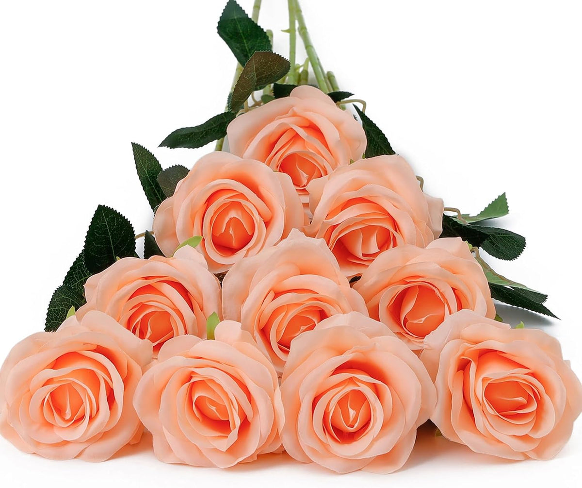 10pcs Fake Roses Artificial Silk Flowers Faux Rose(Peach Fuzz-a)
