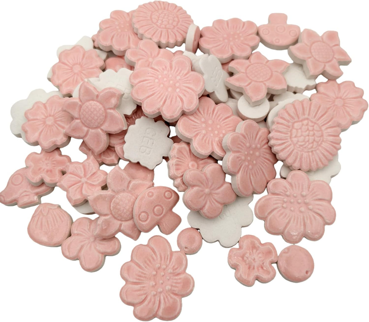 1.1LB Mixed Ceramic Mosaic Tiles, Floral Mushroom Berry Pieces, Mosaic Pieces for DIY Crafts, Flower Pots, Home Decor, 0.5-1.6 inch, 0.23 inch Thick (Pink)