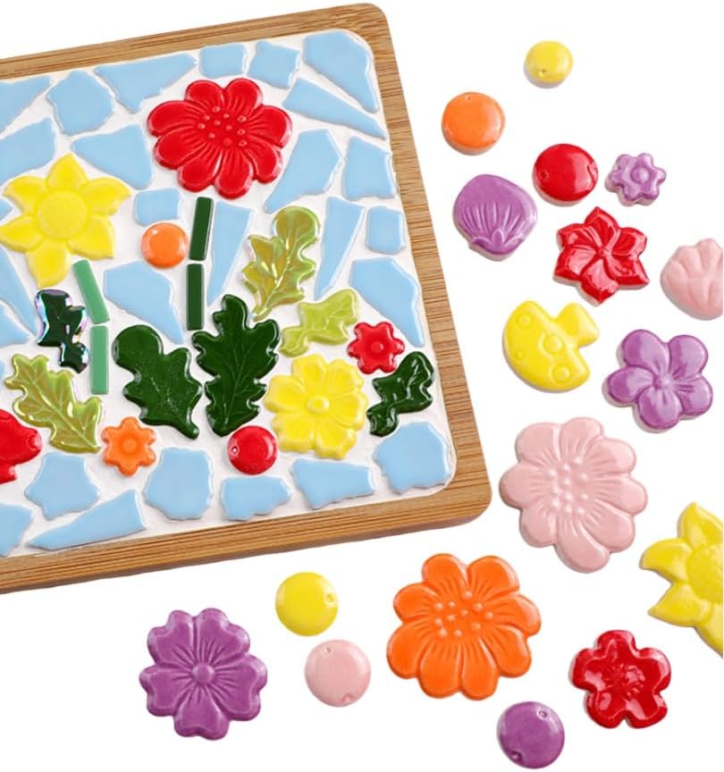 1.1LB Mixed Ceramic Mosaic Tiles, Floral Mushroom Berry Pieces, Mosaic Pieces for DIY Crafts, Flower Pots, Home Decor, 0.5-1.6 inch, 0.23 inch Thick (Pink)