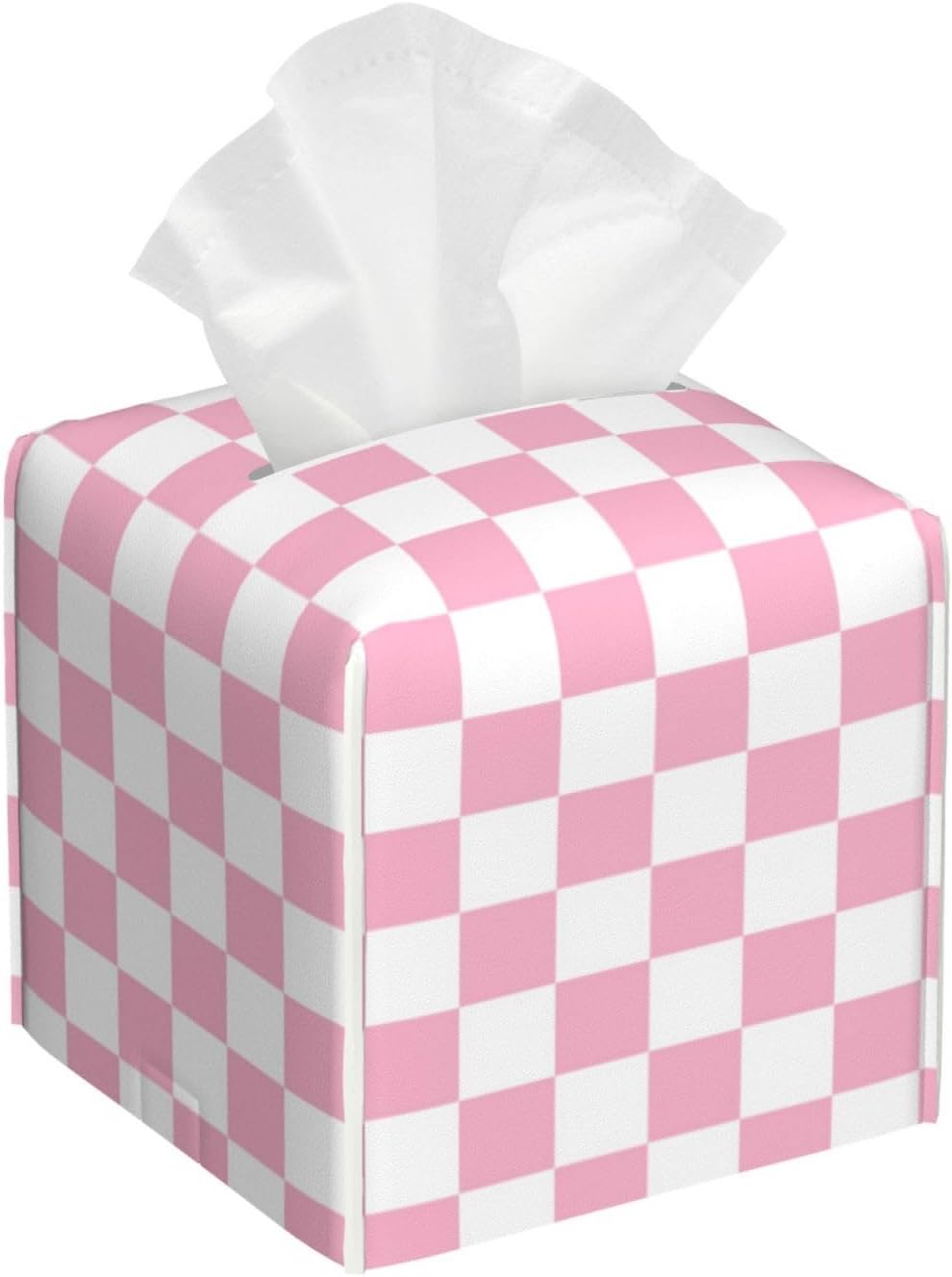 Pink Pastel Checkered Tissue Box Cover Square-Pu Leather Tissue Box Cover Holder-Paper Case Organizer for Bathroom,Night Stands,Office Desk,Car 5.2''X5.2''X5.2''