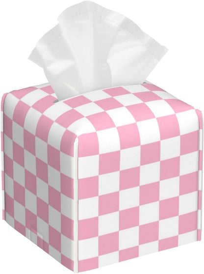 Pink Pastel Checkered Tissue Box Cover Square-Pu Leather Tissue Box Cover Holder-Paper Case Organizer for Bathroom,Night Stands,Office Desk,Car 5.2''X5.2''X5.2''