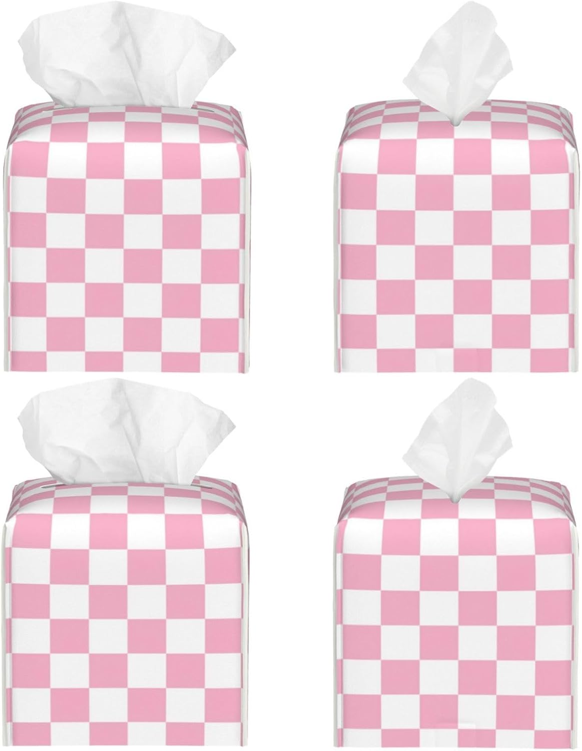 Pink Pastel Checkered Tissue Box Cover Square-Pu Leather Tissue Box Cover Holder-Paper Case Organizer for Bathroom,Night Stands,Office Desk,Car 5.2''X5.2''X5.2''