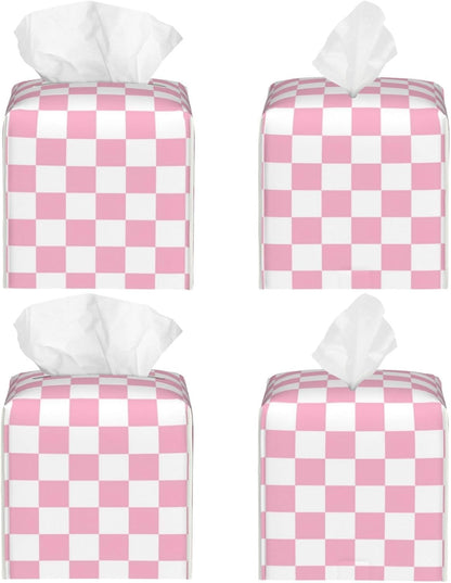 Pink Pastel Checkered Tissue Box Cover Square-Pu Leather Tissue Box Cover Holder-Paper Case Organizer for Bathroom,Night Stands,Office Desk,Car 5.2''X5.2''X5.2''