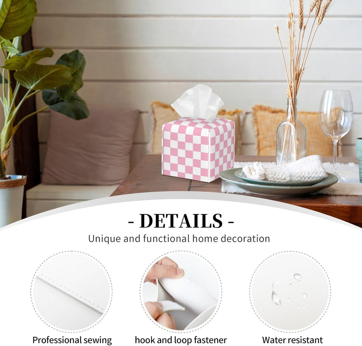 Pink Pastel Checkered Tissue Box Cover Square-Pu Leather Tissue Box Cover Holder-Paper Case Organizer for Bathroom,Night Stands,Office Desk,Car 5.2''X5.2''X5.2''