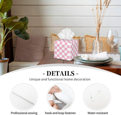 Pink Pastel Checkered Tissue Box Cover Square-Pu Leather Tissue Box Cover Holder-Paper Case Organizer for Bathroom,Night Stands,Office Desk,Car 5.2''X5.2''X5.2''