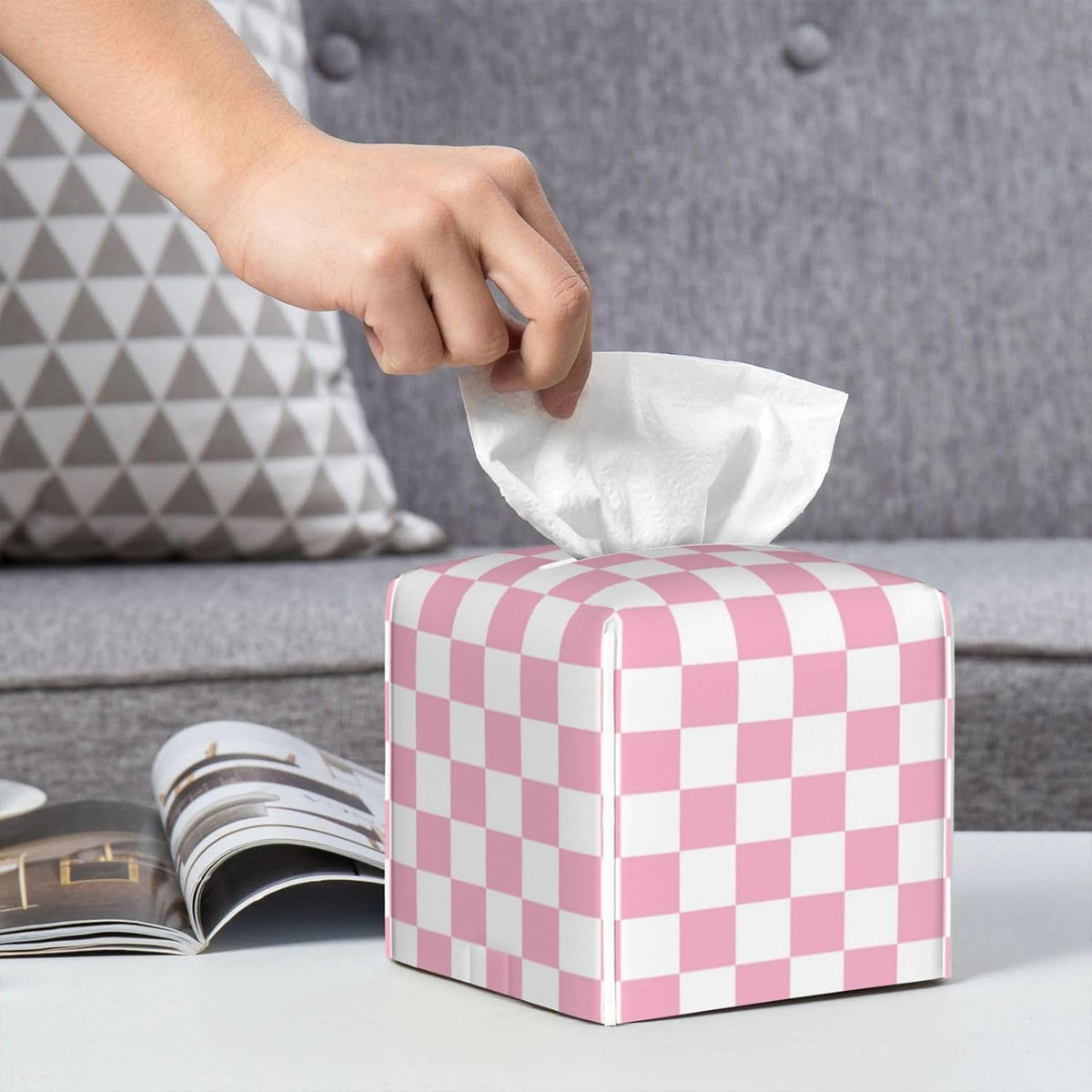 Pink Pastel Checkered Tissue Box Cover Square-Pu Leather Tissue Box Cover Holder-Paper Case Organizer for Bathroom,Night Stands,Office Desk,Car 5.2''X5.2''X5.2''