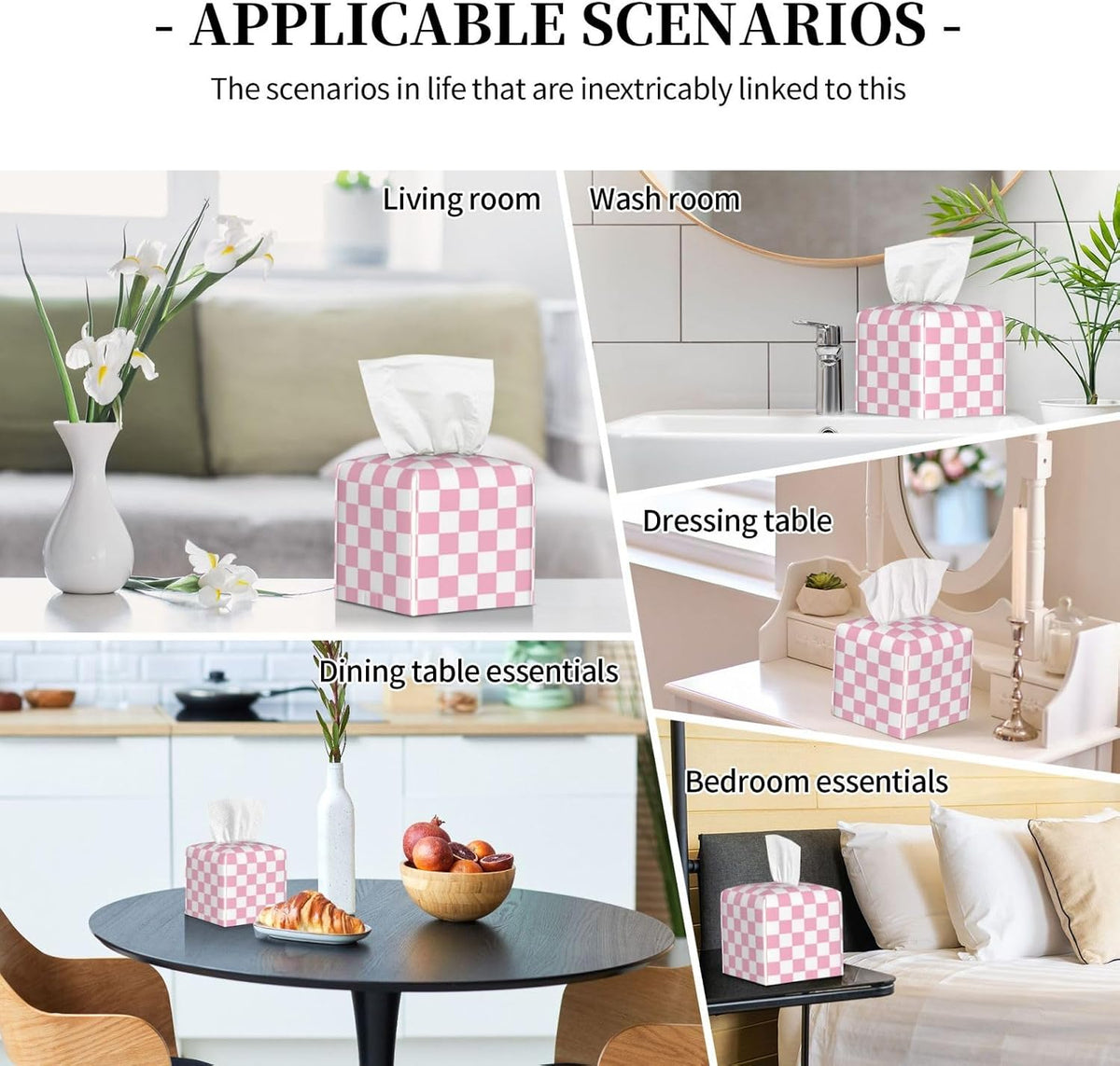 Pink Pastel Checkered Tissue Box Cover Square-Pu Leather Tissue Box Cover Holder-Paper Case Organizer for Bathroom,Night Stands,Office Desk,Car 5.2''X5.2''X5.2''