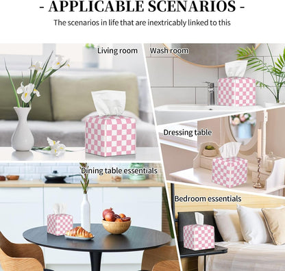 Pink Pastel Checkered Tissue Box Cover Square-Pu Leather Tissue Box Cover Holder-Paper Case Organizer for Bathroom,Night Stands,Office Desk,Car 5.2''X5.2''X5.2''