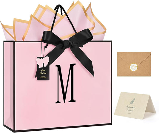 Birthday Gift Bag, Personalized Initial Pink Gift Bags for Women & Girls, Medium Valentines Gift Paper Bags with Card and Tissue Paper, Stands up perfectly for Weddings, Party & All Holidays (Pink, M-Medium)