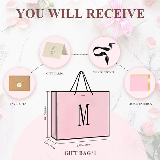 Birthday Gift Bag, Personalized Initial Pink Gift Bags for Women & Girls, Medium Valentines Gift Paper Bags with Card and Tissue Paper, Stands up perfectly for Weddings, Party & All Holidays (Pink, M-Medium)