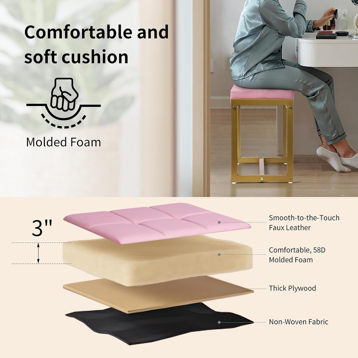 Vanity Stool, Pink Small Vanity Stools Chair, Square Cushion Makeup Chairs for Vanity, Metal Foot Stool Ottoman Seat for Bedroom Makeup Living Room, Pink & Gold