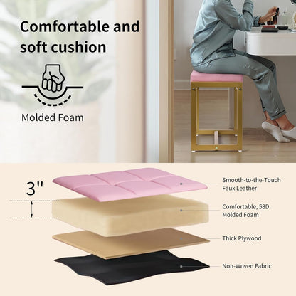 Vanity Stool, Pink Small Vanity Stools Chair, Square Cushion Makeup Chairs for Vanity, Metal Foot Stool Ottoman Seat for Bedroom Makeup Living Room, Pink & Gold