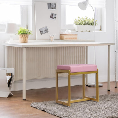 Vanity Stool, Pink Small Vanity Stools Chair, Square Cushion Makeup Chairs for Vanity, Metal Foot Stool Ottoman Seat for Bedroom Makeup Living Room, Pink & Gold