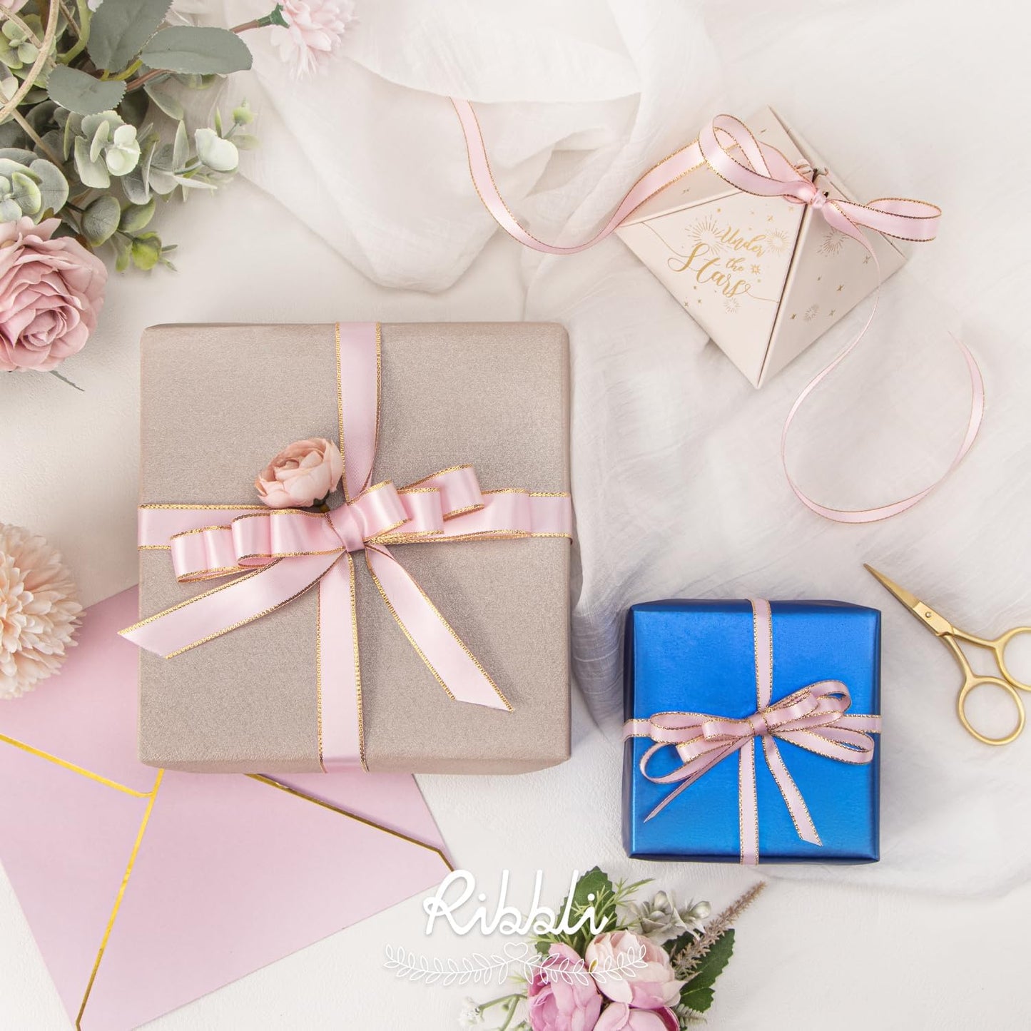Light Pink Satin Ribbon with Gold Edge,Double Faced Satin 5/8 Inch x Continuous 25 Yards,Baby Pink Ribbon Use for Crafts, Gift Wrapping, Wedding Card Decoration