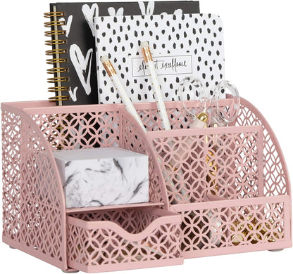 Light Pink Desk Organizer | Cute Metal Desktop Organizer with Drawer & 6 Compartments | Girly Office Supply Storage for Home Office, School Locker & Workspace