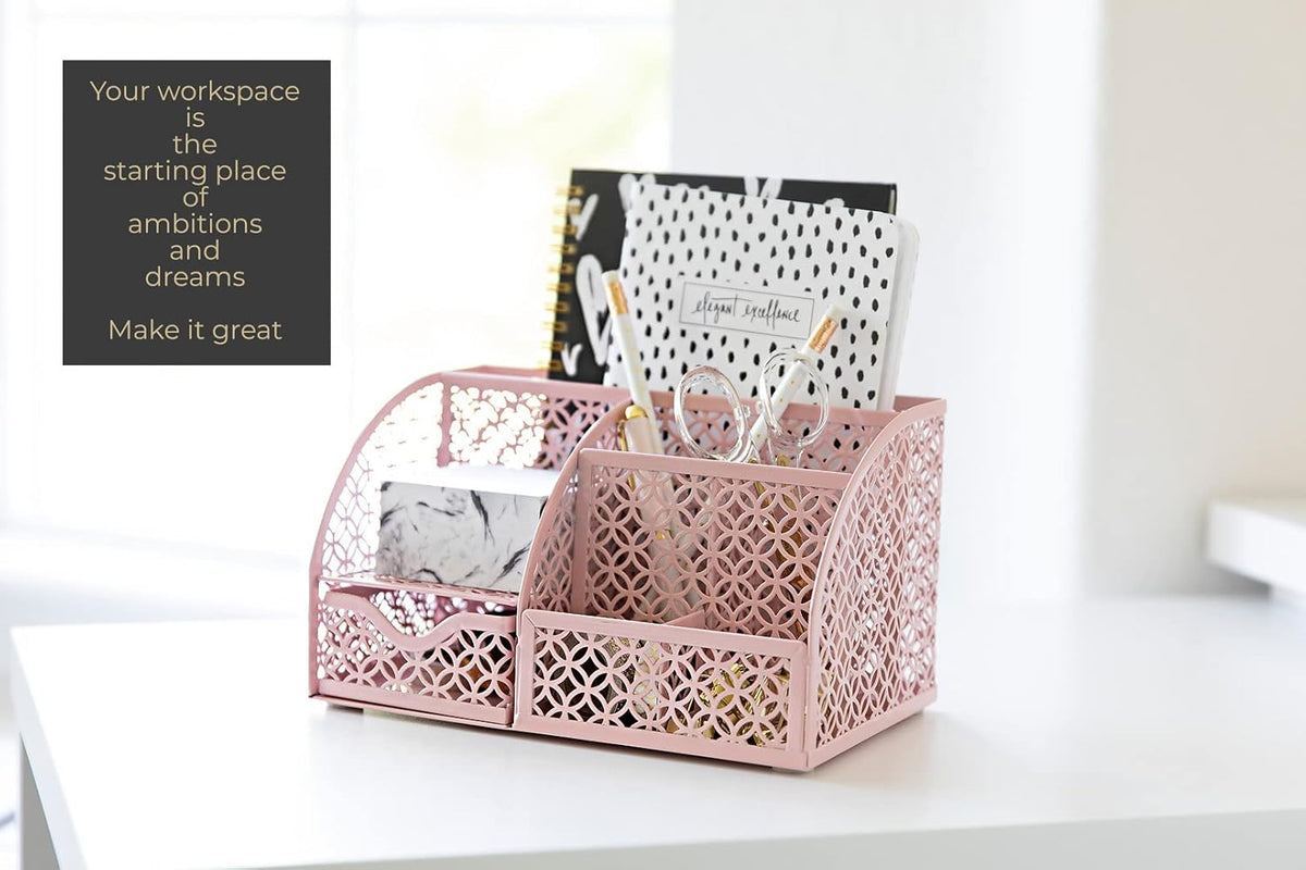 Light Pink Desk Organizer | Cute Metal Desktop Organizer with Drawer & 6 Compartments | Girly Office Supply Storage for Home Office, School Locker & Workspace