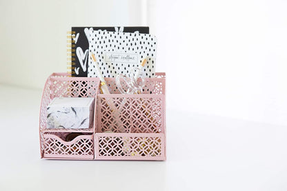 Light Pink Desk Organizer | Cute Metal Desktop Organizer with Drawer & 6 Compartments | Girly Office Supply Storage for Home Office, School Locker & Workspace