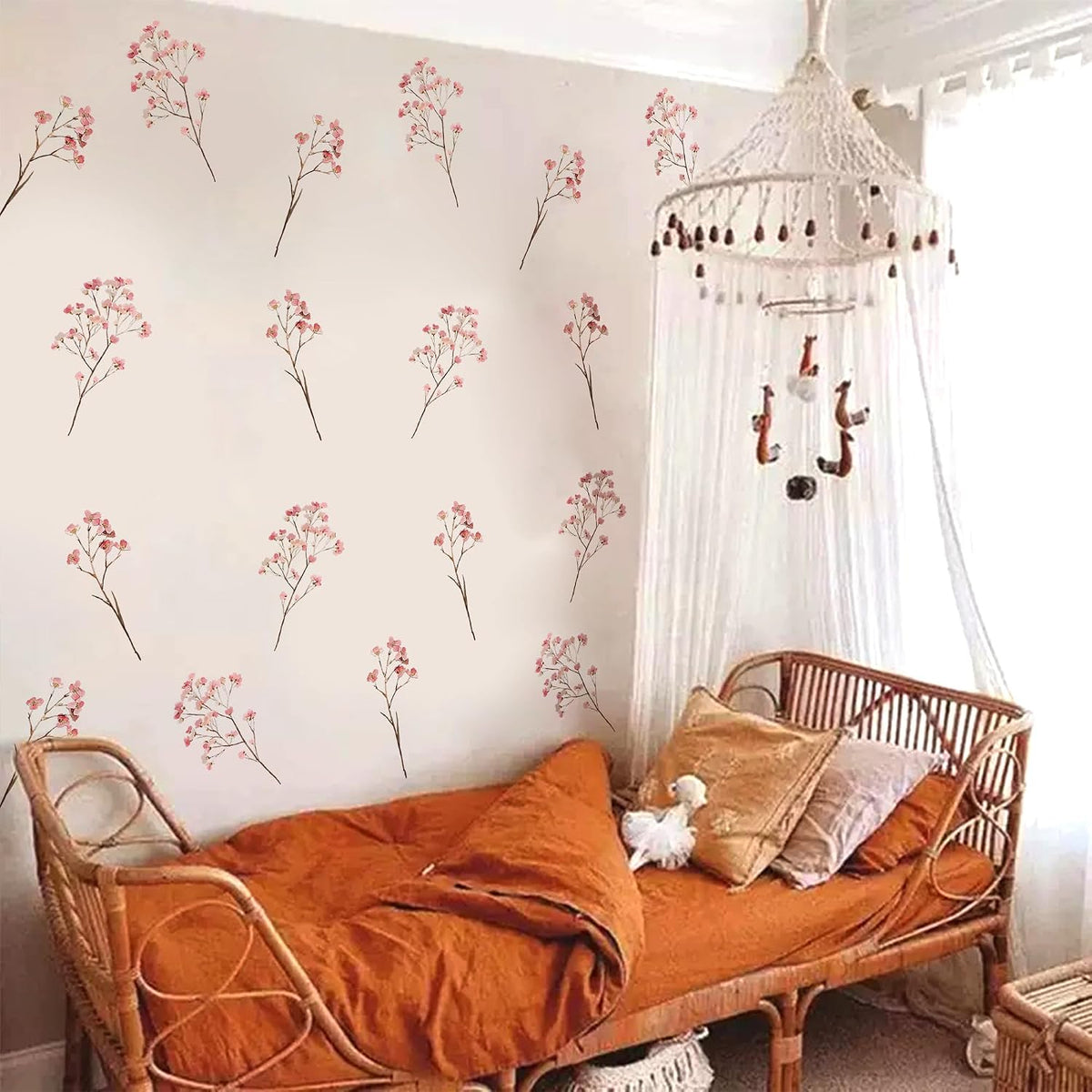 Pink Cute Flower Wall Decals,Boho Peel and Stick Floral Kids Room Decor,Removable Flower Vinyl Art Stickers for Girls Bedroom Nursery Living Room Office Floral Wall Decor