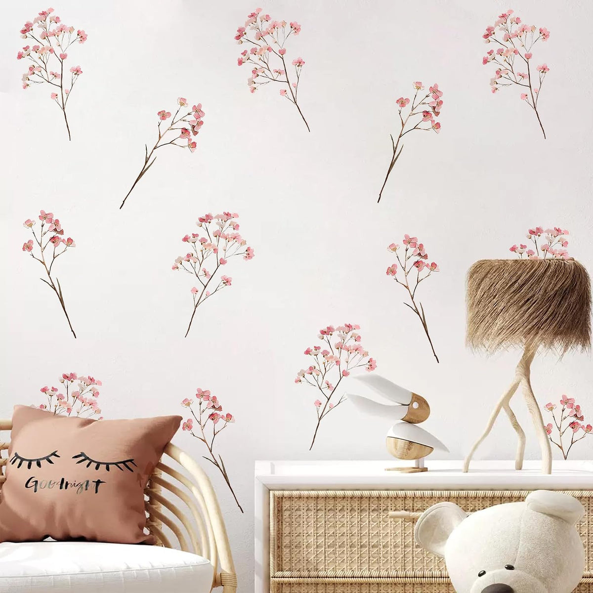 Pink Cute Flower Wall Decals,Boho Peel and Stick Floral Kids Room Decor,Removable Flower Vinyl Art Stickers for Girls Bedroom Nursery Living Room Office Floral Wall Decor