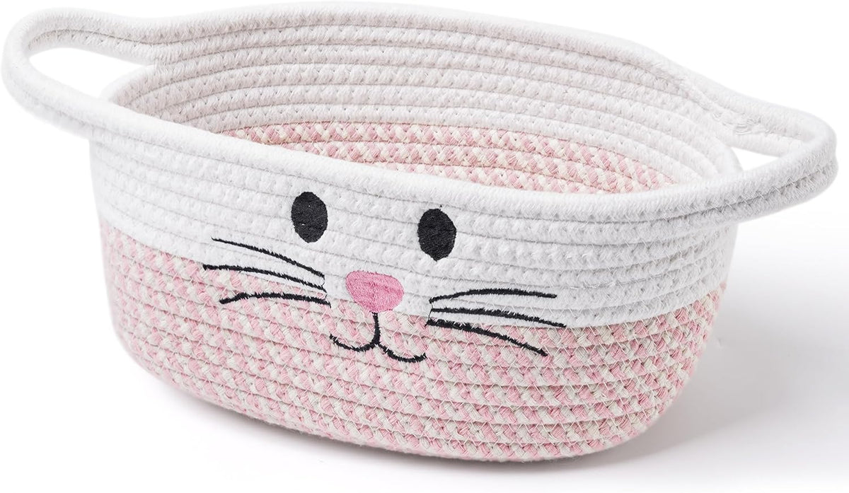 Small Woven Baskets for Organizing with Handle Cute Cotton Basket for Nursery Gift Dog Cat Toy Storage Basket for Toy Organizer-Pink