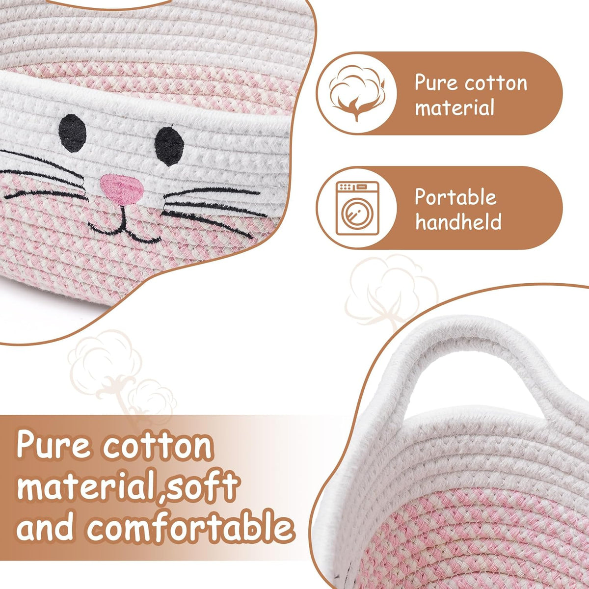 Small Woven Baskets for Organizing with Handle Cute Cotton Basket for Nursery Gift Dog Cat Toy Storage Basket for Toy Organizer-Pink