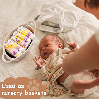 Small Woven Baskets for Organizing with Handle Cute Cotton Basket for Nursery Gift Dog Cat Toy Storage Basket for Toy Organizer-Pink