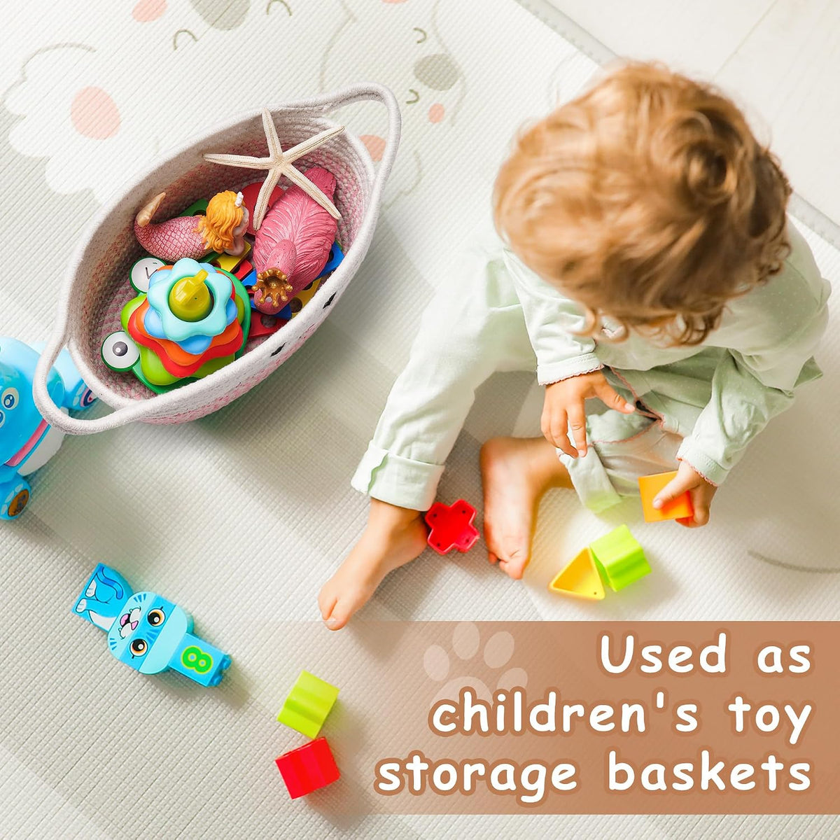 Small Woven Baskets for Organizing with Handle Cute Cotton Basket for Nursery Gift Dog Cat Toy Storage Basket for Toy Organizer-Pink