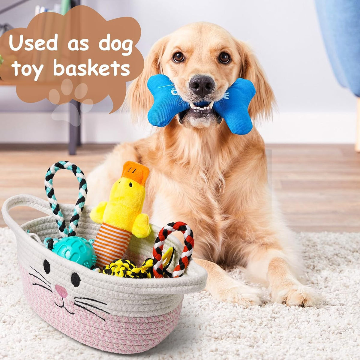 Small Woven Baskets for Organizing with Handle Cute Cotton Basket for Nursery Gift Dog Cat Toy Storage Basket for Toy Organizer-Pink