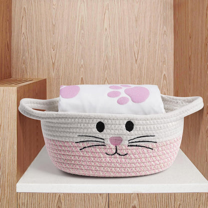Small Woven Baskets for Organizing with Handle Cute Cotton Basket for Nursery Gift Dog Cat Toy Storage Basket for Toy Organizer-Pink