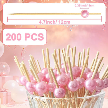 200 PCS Pink Pearl Cocktail Picks, Pink Fancy Toothpicks for Appetizers