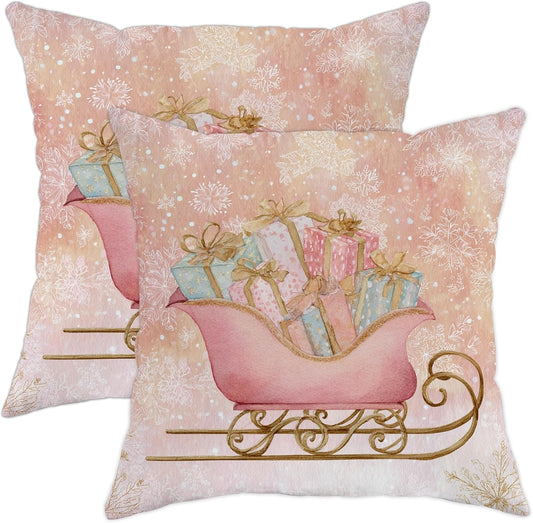 Sleigh Throw Pillow Covers Set of 2, Christmas Fanciful Presents Snowflakes Xmas Peach Soft Velvet Washable Accents Pillows Cases for Living Room Bed Office Sofa Chair Decor 18x18 Inch
