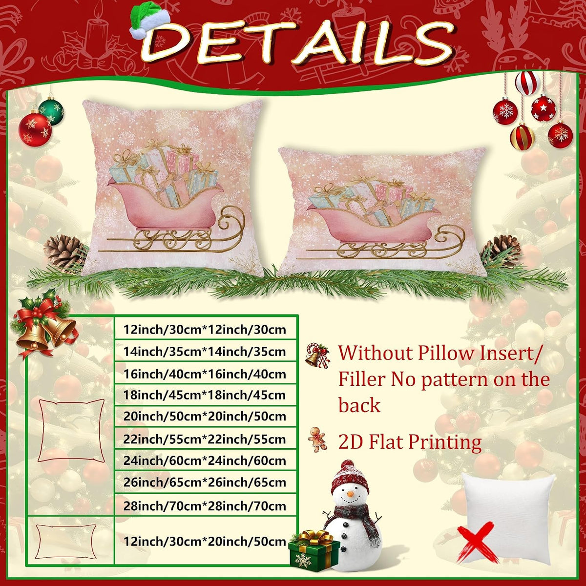 Sleigh Throw Pillow Covers Set of 2, Christmas Fanciful Presents Snowflakes Xmas Peach Soft Velvet Washable Accents Pillows Cases for Living Room Bed Office Sofa Chair Decor 18x18 Inch