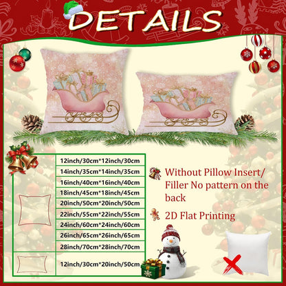 Sleigh Throw Pillow Covers Set of 2, Christmas Fanciful Presents Snowflakes Xmas Peach Soft Velvet Washable Accents Pillows Cases for Living Room Bed Office Sofa Chair Decor 18x18 Inch
