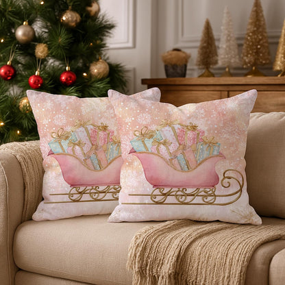Sleigh Throw Pillow Covers Set of 2, Christmas Fanciful Presents Snowflakes Xmas Peach Soft Velvet Washable Accents Pillows Cases for Living Room Bed Office Sofa Chair Decor 18x18 Inch