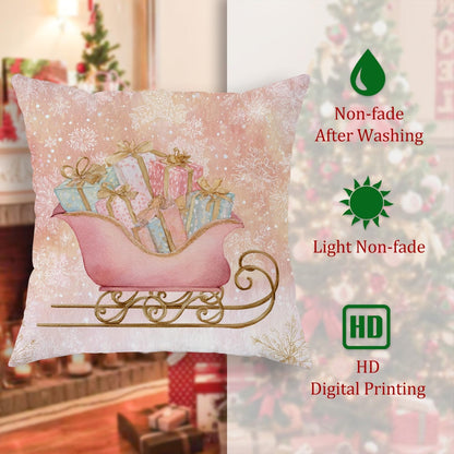 Sleigh Throw Pillow Covers Set of 2, Christmas Fanciful Presents Snowflakes Xmas Peach Soft Velvet Washable Accents Pillows Cases for Living Room Bed Office Sofa Chair Decor 18x18 Inch