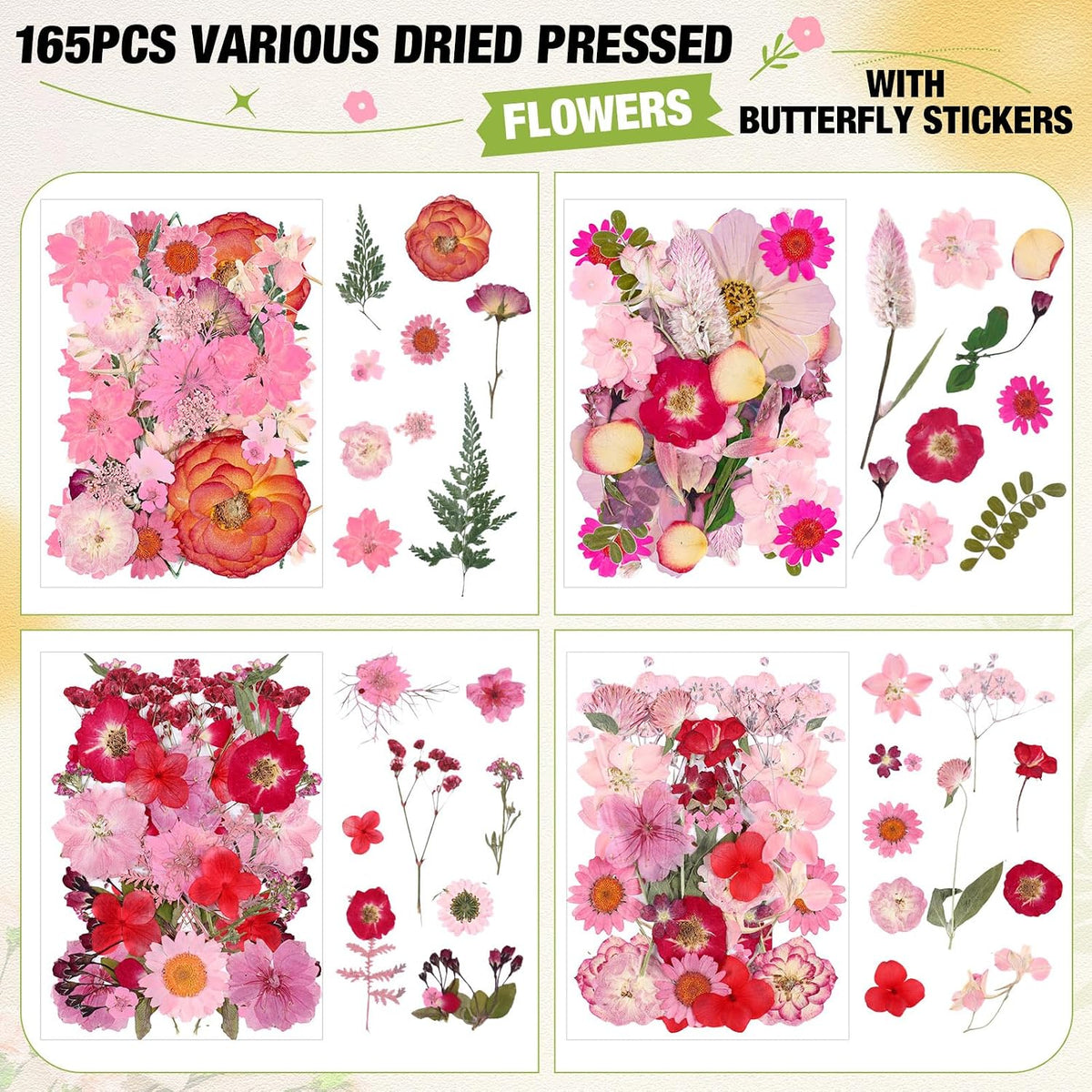 160 Pcs Pressed Dried Flowers Natural Bulk, Rosy, Pink