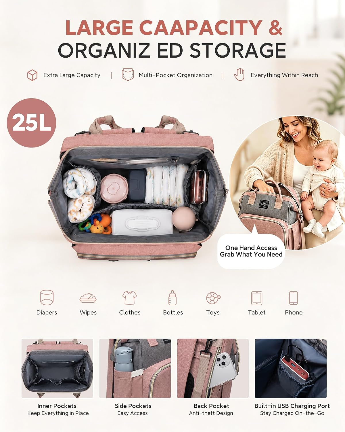 Diaper Bag Backpack with Changing Station, 25L Large Capacity