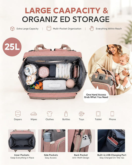 Diaper Bag Backpack with Changing Station, 25L Large Capacity